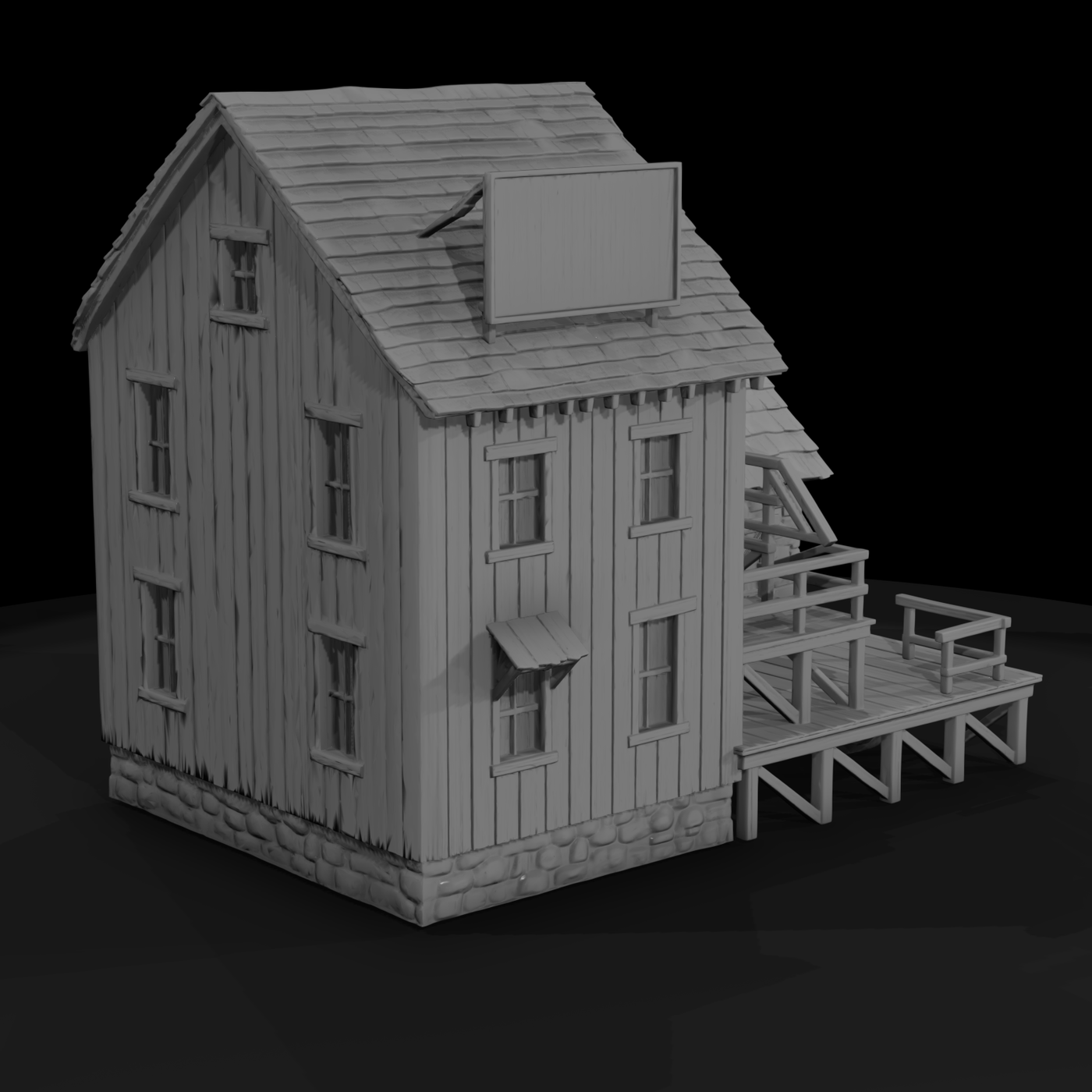 Two-Story Wooden Building with Raised Deck (HO Scale)
