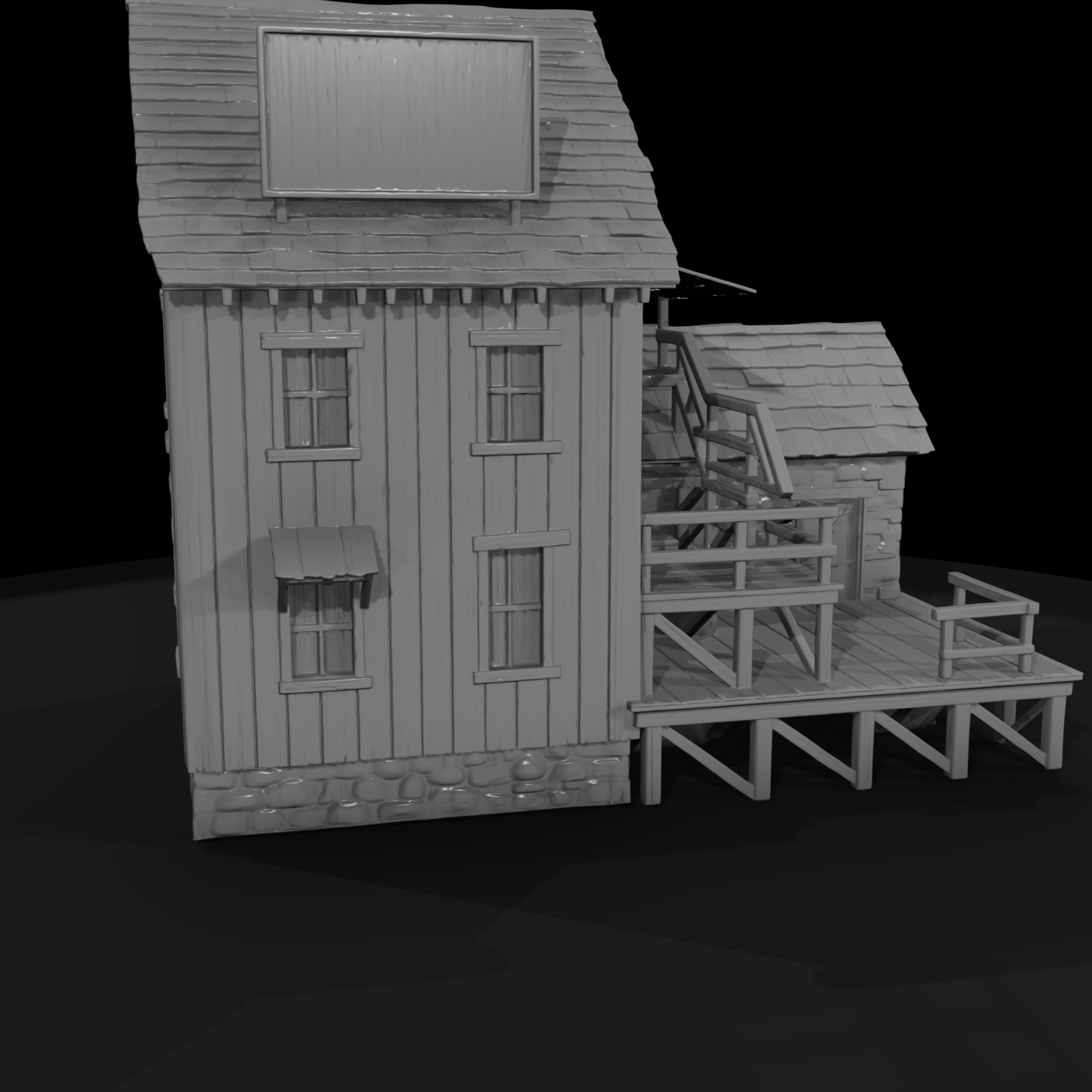 Two-Story Wooden Building with Raised Deck (HO Scale)