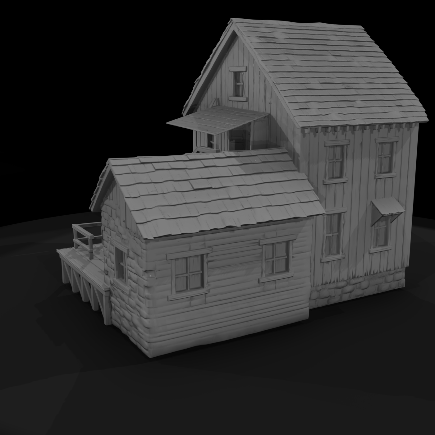 Two-Story Wooden Building with Raised Deck (HO Scale)