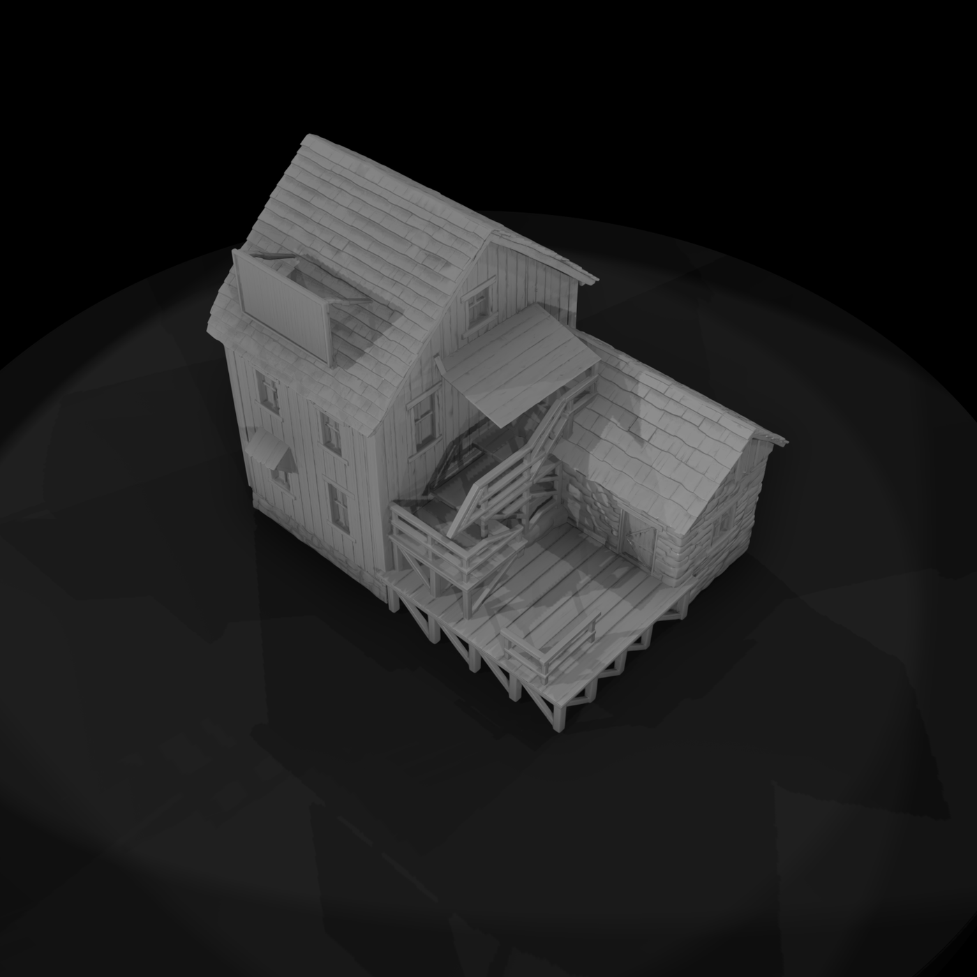 Two-Story Wooden Building with Raised Deck (HO Scale)