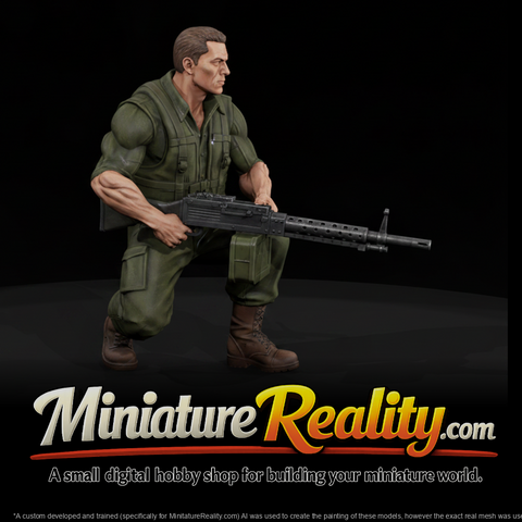 Kneeling U.S. Soldier with Machine Gun miniature, three-quarter view