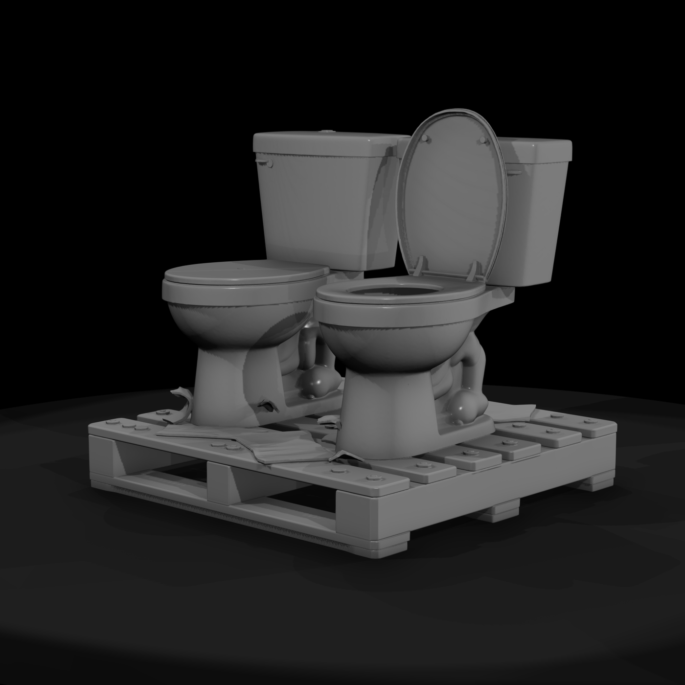 Worn Twin Toilets on Wooden Pallet — 3D Printable Prop