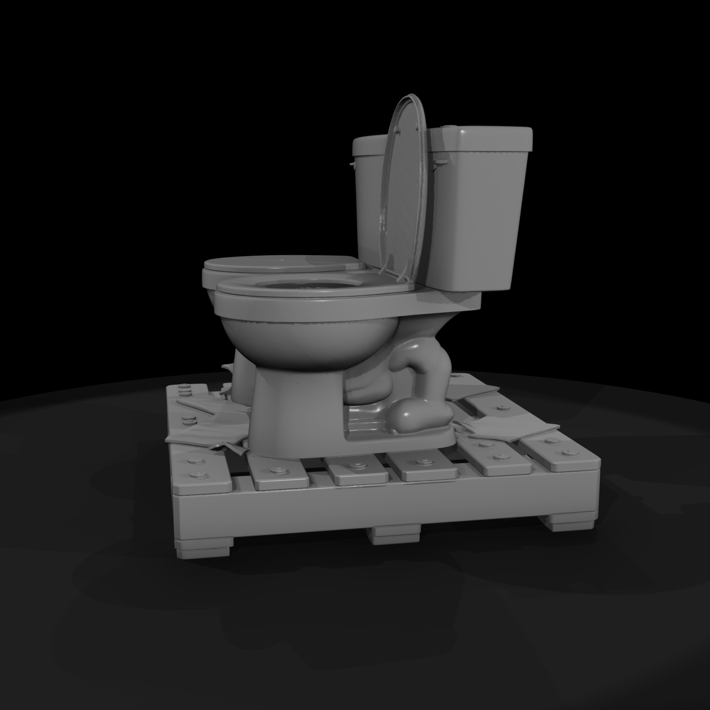 Worn Twin Toilets on Wooden Pallet — 3D Printable Prop