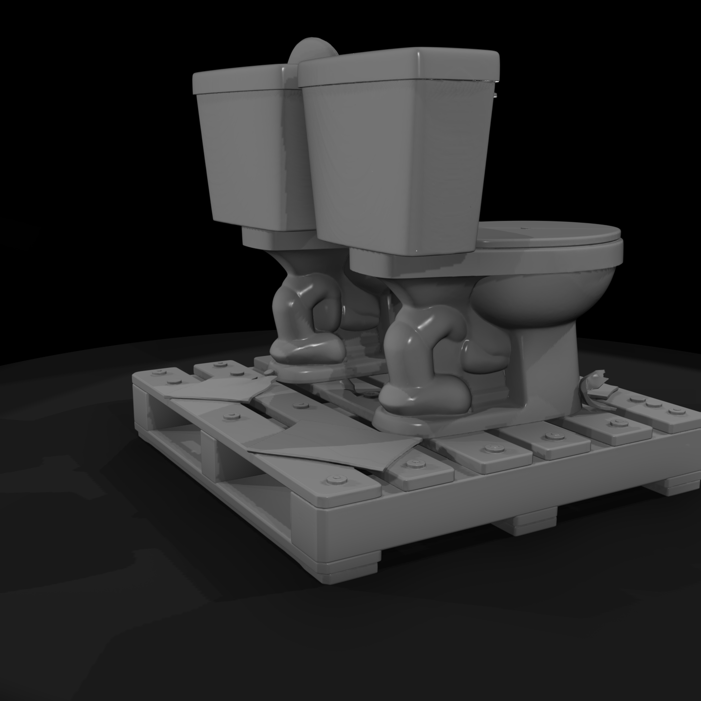 Worn Twin Toilets on Wooden Pallet — 3D Printable Prop